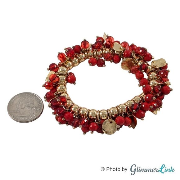 Red & Gold Tone Beaded Cha Cha Style Stretch Bracelet - Picture 5 of 8